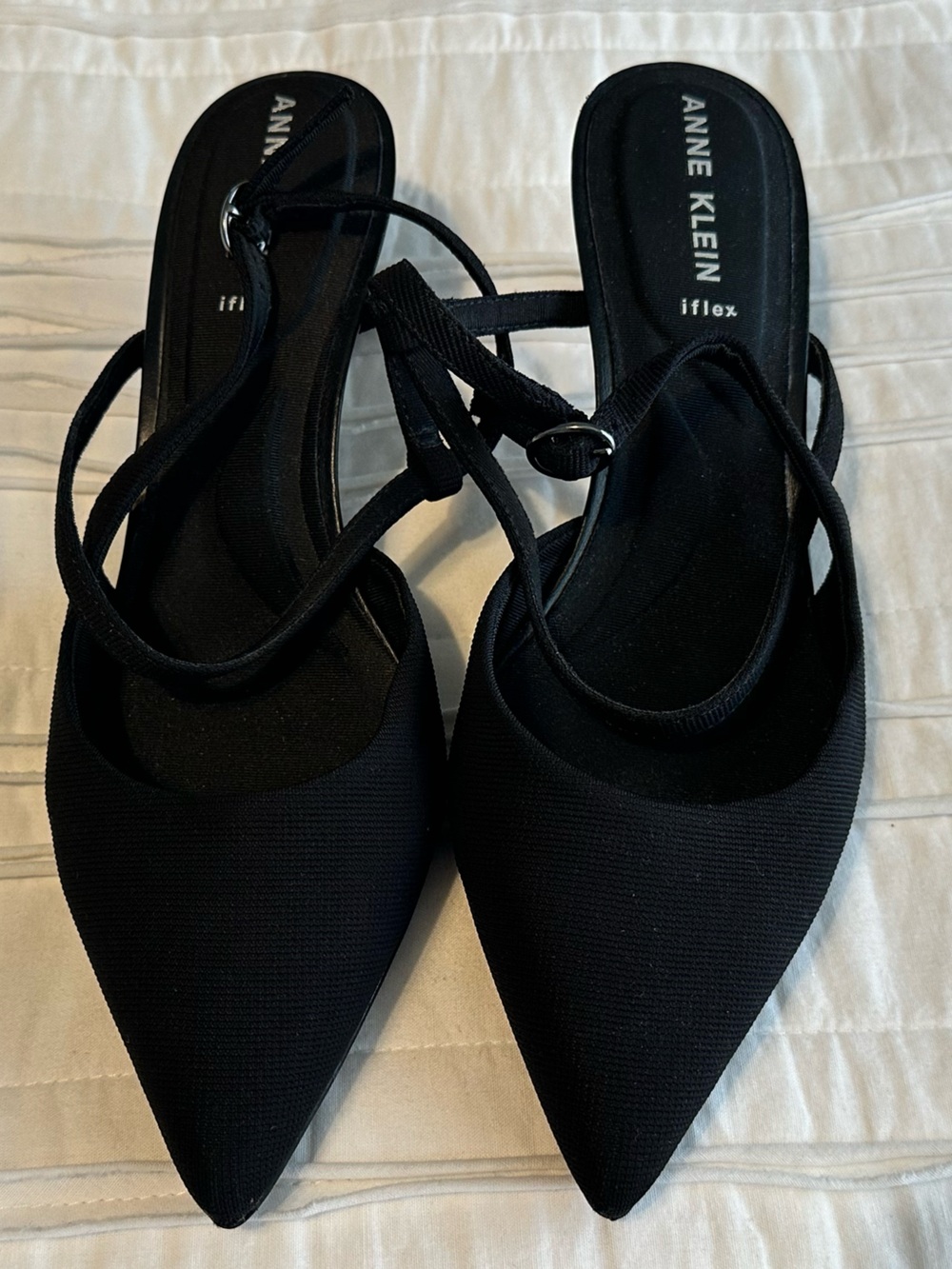 Anne Klein Black Pointed-Toe Strappy Slingback Heels
